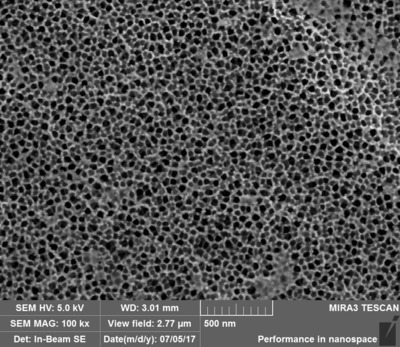 介孔氧化铝,MIRA镜筒内二次电子探测器成像。